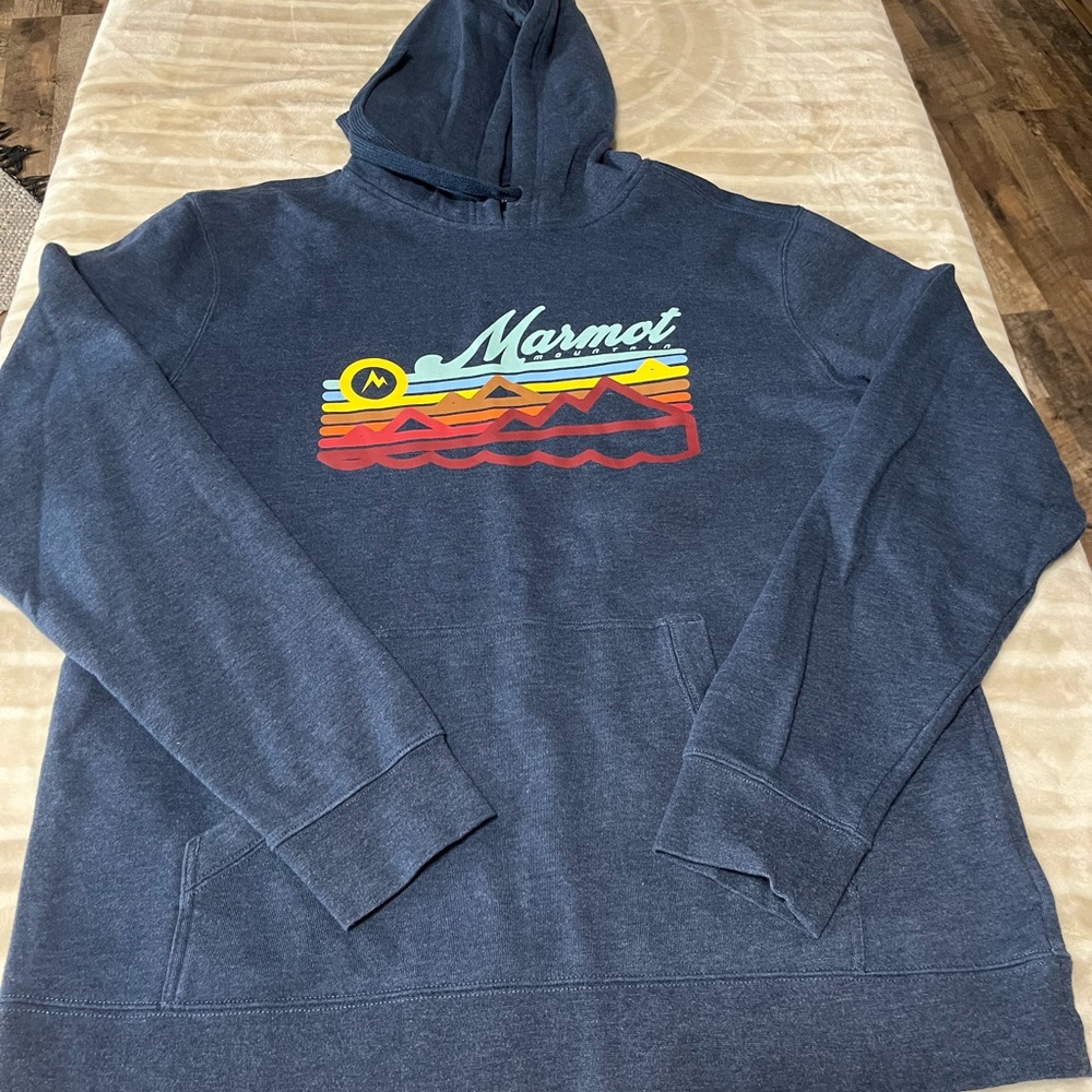Marmot Navy Blue Hoodie with Multicolor Mountain Graphic